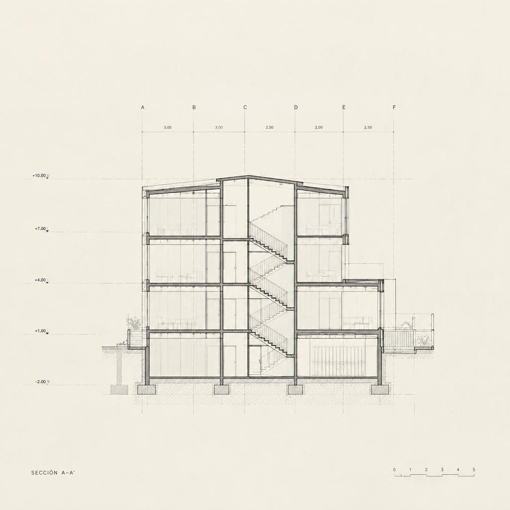 Minimal architectural line drawing of a building section
